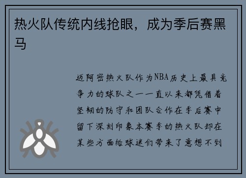 热火队传统内线抢眼，成为季后赛黑马